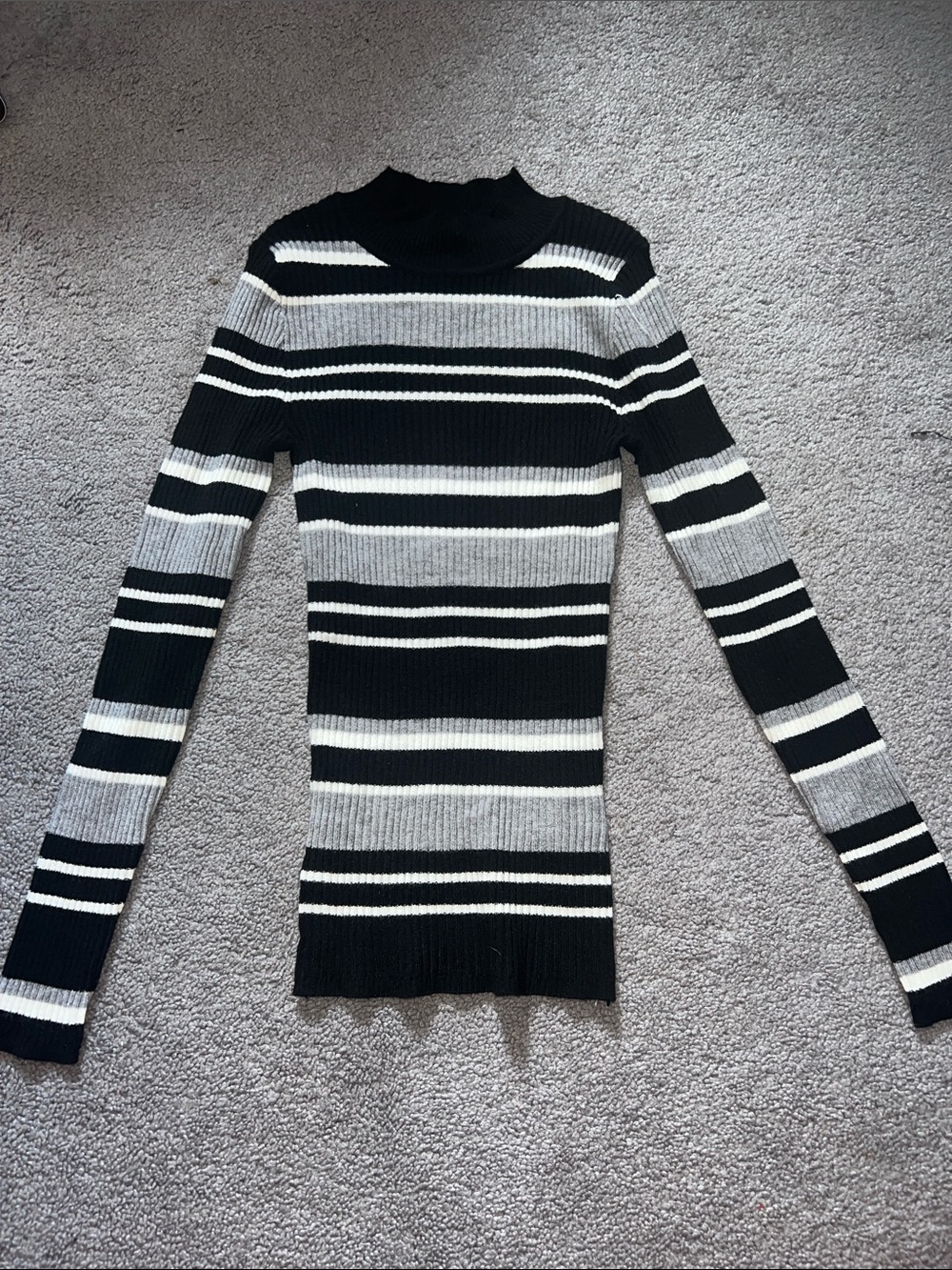 Primark Black, Gray & White Striped Ribbed Turtleneck Sweater